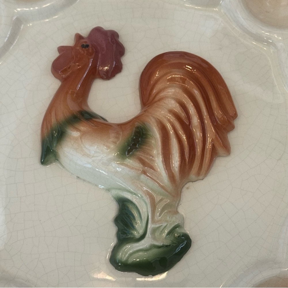 Vintage Mid Century Hand Painted Rooster Deviled Egg Plate Farmhouse Decor 10.5” - Picture 2 of 10